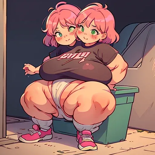  a two headed 24 year old morbidly obese yet very muscular woman with pink hair horrified by being a freak with her 40 year old mother as her second head. She has a huge ass. She is clearly straining as she’s shitting her pants in public.