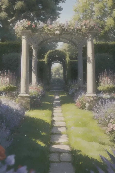 English Garden. An English garden with roses, lavender, and other classic flowers. The garden should have a romantic and charming look, with winding paths and arches covered in vines. The plants should be arranged in a way that creates a sense of balance a...