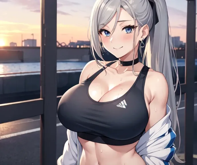 (((masterpiece))), ShizukaMikazuki, One Girl, alone, View your audience, Long Hair, Gray Hair, Long sleeve, Cleavage, Huge breasts,clavicle, Mature Body,Glamorous Body,Trained abdominal muscles,Make your face a little smaller,Make your breasts bigger,tall,...