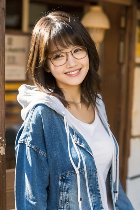 Cute woman、Plump Body、T-Shirts、Denim pants、Wavy short hair、Hoodie jacket、High definition、4K resolution、Photorealistic、tourist spot、smile、Glasses、Sweating