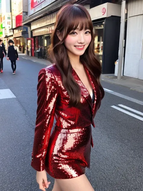 Young and beautiful woman in Japan,Angle from the front、 Charming person, Red sequin formal suit（Tight mini skirt）、Whole Body Ezbian, Really cute face, Double eyelids on both eyes, Natural Makeup, Long eyelashes, Shiny, Smooth, Light brown medium hair, Asy...