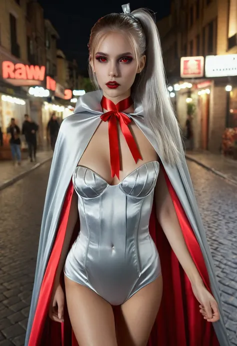 Vampyfangs1 , (RAW Photo) , (highly detailed:1.20) , ultra realistic :1.10) ,sexy girl in her 20s , (perfect face:1.20) , (detailed red eyes:1.20) , with long silver hair in ponytail , (((long silver satin cape tied at the neck with a ribbon :1.20))) , nak...