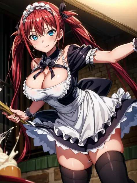 Tabletop, highest quality, Airlive 4,  Thighs Thighs Thighs, black Thighs Thighs Thighs, apron, zettai ryouiki, Maid, Maidの頭飾り, Cleavage, Wrist cuff,One girl,,(Spanning the viewer:1.4),Sweaty,Dark basement