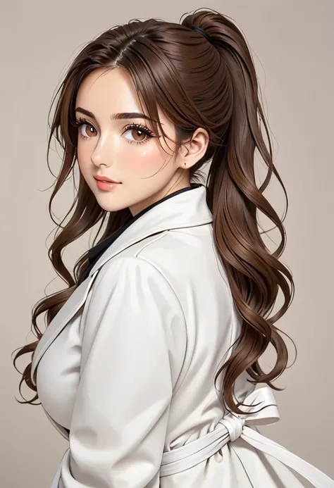 Italian girl, 25 years old, wavy brown hair, tied in a ponytail, busty, white coat