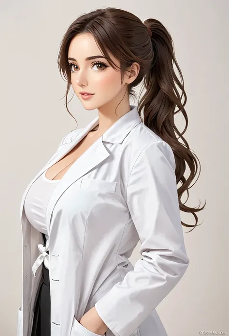 Italian girl, 25 years old, wavy brown hair, tied in a ponytail, busty, white lab coat