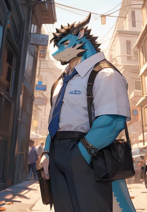 （masterpiece），（Very detailed），（High Detail），（best quality），hairy，dragon，dragon鳞，dragon角，Blue fur，black hair，blue pupils，8k，（（high quality）），（Street background）,（Blue and white school uniform:1.2),（Shota:1.2)