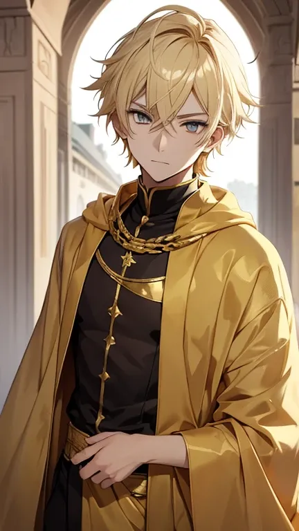 Anime male 18 years, Irani style golden cloths , pale yellow hair and eye, 