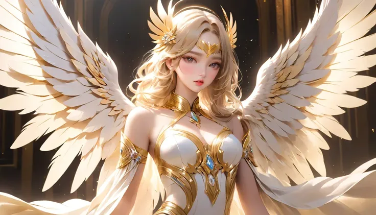 white and gold, 电影照片whole body女性天使, her appearance perfectly blends the ancient mystery. have the face and style of a contempora...