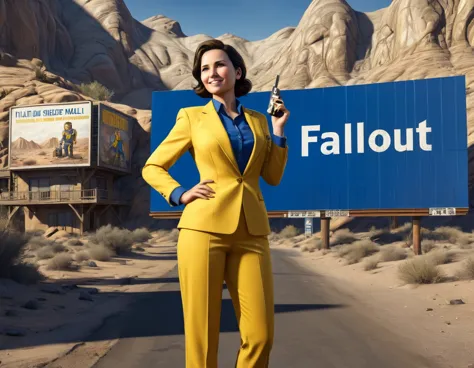 background the desert from the game "fallout". the beautiful brunette in a blue-yellow suit of a shelter 13, in a hand of desert...