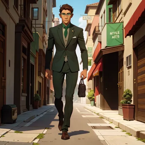 jon, a young guy in his 30s with asymmetric very short brown hair, green eyes with brown specs, a flat nose, smooth skin, slim athletic body, ((full body, walking down the street in a suit))