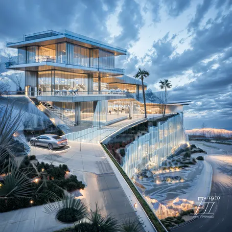 arafed view of a modern building with a car parked, by Jeffrey Smith, by Richard Hess, “wide shot, thumbnail, three - quarter view, subtle detailing, realistic ”, wide angle exterior 2022, exterior wide shot, realistic”, exterior shot, gm, crisp smooth cle...