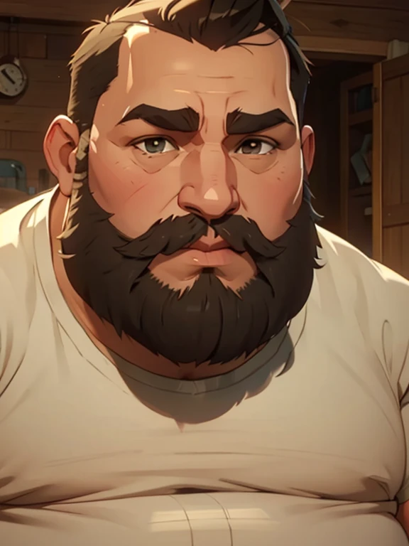 Greg, fat mid-50s overweight guy, dad-bod, slightly balding, dark eyes, big nose, stubble-beard