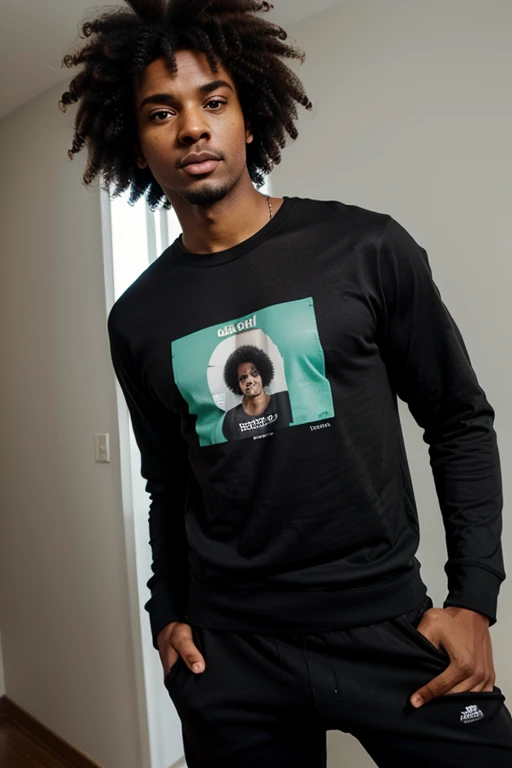 Straight brown skinned man black hair afro green eyes tall skinny in black jogging pants and large t-shirt big cock