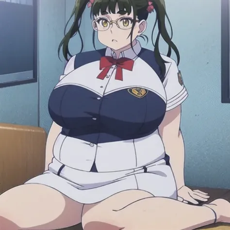 (masterpiece, best quality:1.2), 1girl, solo,chuby,plump,gigantic breasts,thick tighs,wide hip,brack hair,twintail,eye glasses,yellow eyes, uniform, sitting 