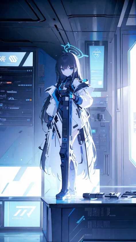 1 girl, black long hair, flat chest, full body, wearing , blue archive, holding assault rifle, high tech, inside engineering roo...