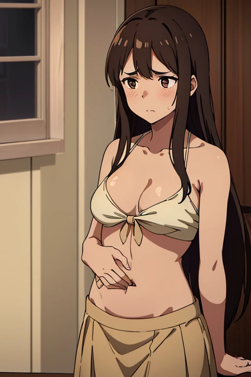 ((best quality)), ((masterpiece)), (detailed), perfect face, brown skin anime girl in a deep V Neck front-tie top, (bare shoulders), (long skirt), famished in hunger, (gently resting hands on stomach), (long hair), (hands on her stomach), (embarrassed expr...