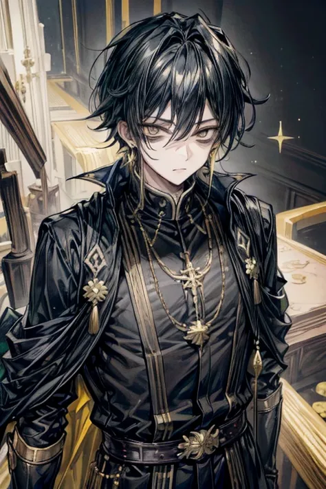 (masterpiece, best quality, perfect face, expressive eyes), 1boy, (anime), (male), (adult), black hair, yellow gradient hair, yellow eyes, black merchant clothes, gold earrings, gold jewelry, pendant, bags under eyes, holding a gold coin, 