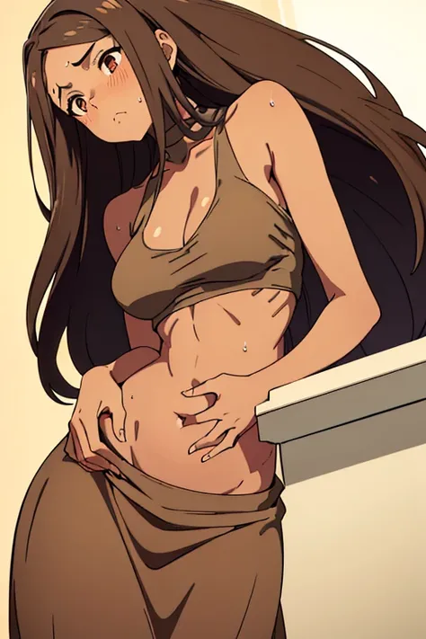 ((best quality)), ((masterpiece)), (detailed), perfect face, brown skin anime woman in a deep V Neck top, (bare shoulders), (long skirt), famished in hunger, (gently resting hands on stomach), (long hair), (hands on her stomach), (slim woman), (fit woman),...