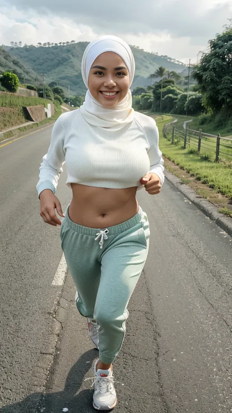 an Indonesian girl running, Smooth white skin, pointed face, smiling, full body shot, Chuby, Big breasts,  hijab, sweater, jogger pants, running shoes, On a rural road, green rice fields in the background