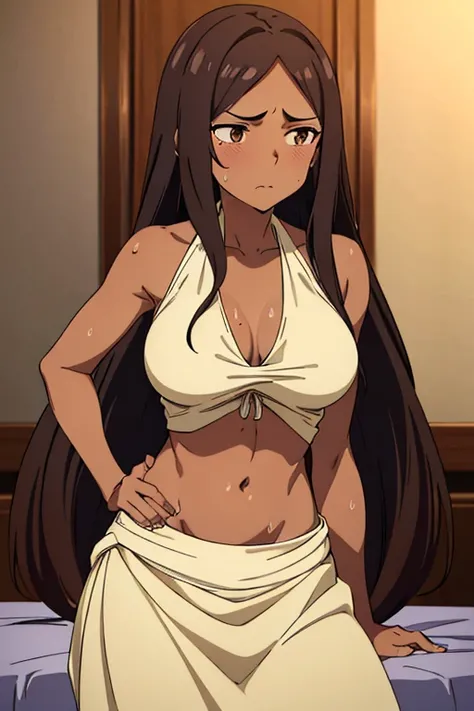 ((best quality)), ((masterpiece)), (detailed), perfect face, brown skin anime woman in a deep V Neck halter top, (bare shoulders), (long skirt), famished in hunger, (gently resting hands on stomach), (long hair), (hands on her stomach), (slim woman), (fit ...