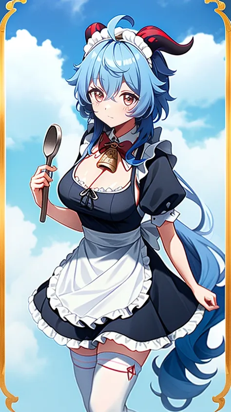 1 girl, solo, Ganyu (Genshin), breasts, horns, maid, long hair, thigh-high socks, blue hair, ahoge, looking at viewer, white stockings, holding, blush, maid headdress, apron, alternative costume, frills, cleavage, enmaid, bangs, dress, short sleeves, absol...