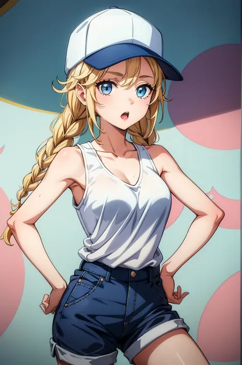 a girl with a hat and white tank top standing in a room next to a mural, 1girl, solo, blue eyes, blonde hair, shorts, hat, braid, twin braids, open mouth, baseball cap, breasts, looking at viewer, long hair, hand on hip