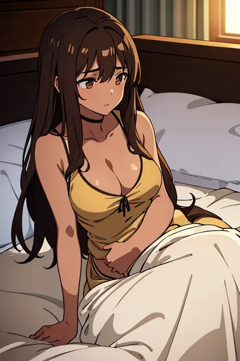 ((best quality)), ((masterpiece)), (detailed), perfect face, brown skin anime woman in a deep V Neck top, (bare shoulders), (long skirt), holding her baby against her belly, (lying down in bed)