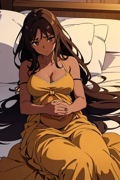 ((best quality)), ((masterpiece)), (detailed), perfect face, brown skin anime woman in a deep V Neck tied top, (bare shoulders), (long skirt), holding her baby boy against her stomach while lying down in bed