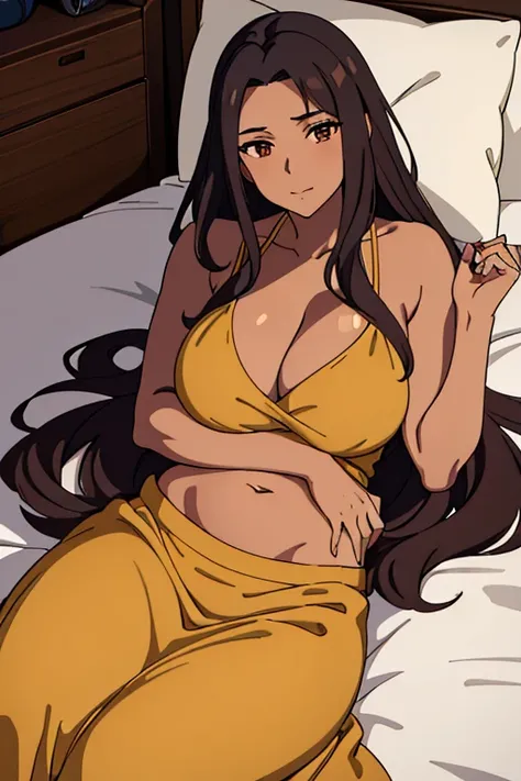 ((best quality)), ((masterpiece)), (detailed), perfect face, brown skin anime woman in a deep V Neck cami top, (long skirt), she is hugging her baby boy against her stomach while lying down in bed