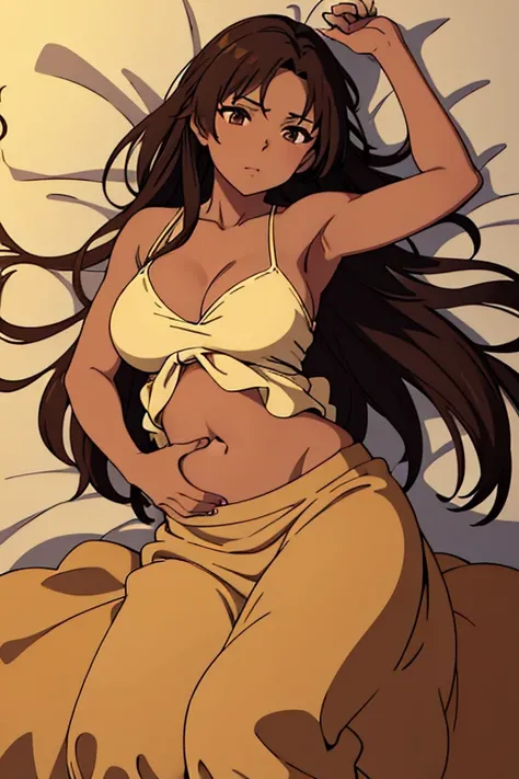 ((best quality)), ((masterpiece)), (detailed), perfect face, brown skin anime woman in a deep V Neck cami top, (long skirt), she is hugging her baby boy against her stomach while lying down in bed