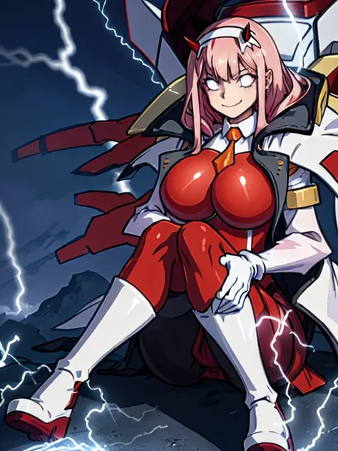 masterpiece, best quality, IncrsLowTier, electricity, glowing eyes zerotwo horns, hairband, necktie, red dress, pantyhose horns, hairband, red bodysuit, armlet, mecha horns, hairband, white bodysuit, white gloves, mecha peaked cap, red dress, white gloves,...