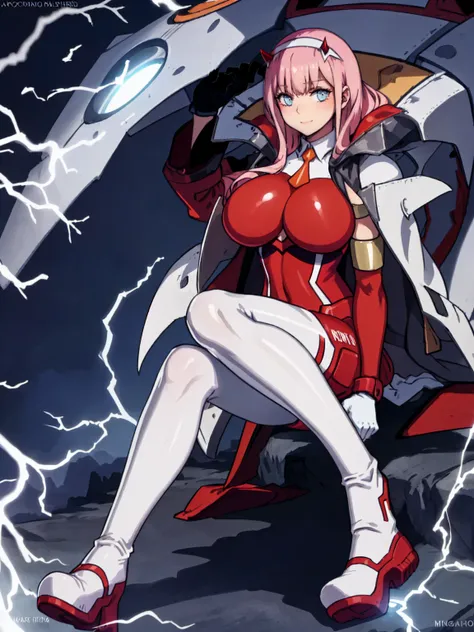 masterpiece, best quality, IncrsLowTier, electricity, glowing eyes zerotwo horns, hairband, necktie, red dress, pantyhose horns, hairband, red bodysuit, armlet, mecha horns, hairband, white bodysuit, white gloves, mecha peaked cap, red dress, white gloves,...