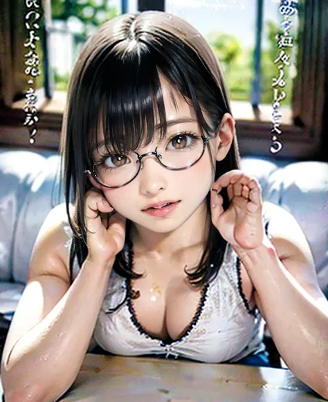 20 year old Japanese idol girl　alone　Mature Woman　Straight black hair with bangs　Very small breasts　Toned body　Moderately sized buttocks　(((Rimless Glasses)))　　Big eyes　((Wearing nipple covers))　(((Black small panties)))　　((Expressing the see-through nippl...