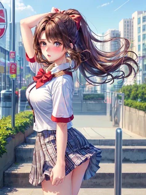 ((highest quality, High resolution, Perfect Pixel, 4K))), 1 female, Beautiful woman、I could see the whole body、Go down the subway stairs、Lots of commuters、 ((ponytail, bangs, Brown Hair)), ((Brown eyes, Beautiful eyelashes, Realistic eyes)), ((Detailed fac...