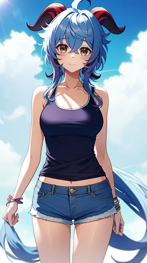 1 girl, solo, Ganyu (Genshin), chest, horns, long hair, blue hair, ahoge, looking at camera, holding, blushing, bangs, absolute territory, purple eyes, medium breasts, goat horns,, very long hair , standing, closed mouth, , side lock, cowboy shot, fluffy, ...