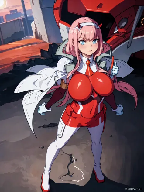 masterpiece, best quality, IncrsLowTier, electricity, glowing eyes zerotwo horns, hairband, necktie, red dress, pantyhose horns, hairband, red bodysuit, armlet, mecha horns, hairband, white bodysuit, white gloves, mecha peaked cap, red dress, white gloves,...