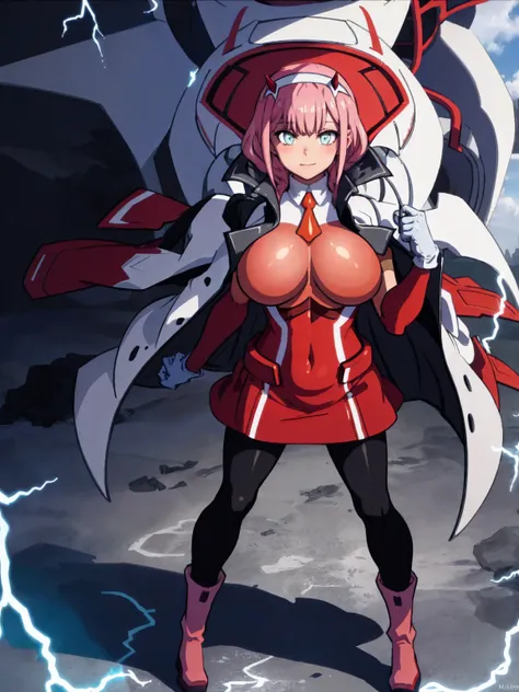 masterpiece, best quality, IncrsLowTier, electricity, glowing eyes zerotwo horns, hairband, necktie, red dress, pantyhose horns, hairband, red bodysuit, armlet, mecha horns, hairband, white bodysuit, white gloves, mecha peaked cap, red dress, white gloves,...