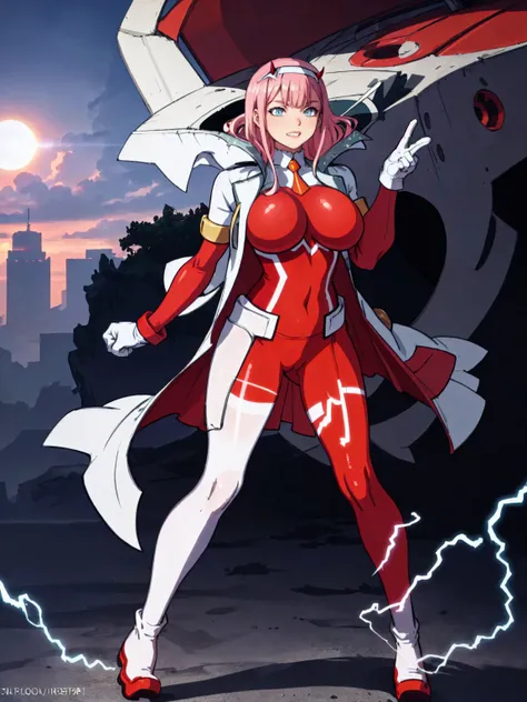 masterpiece, best quality, IncrsLowTier, electricity, glowing eyes zerotwo horns, hairband, necktie, red dress, pantyhose horns, hairband, red bodysuit, armlet, mecha horns, hairband, white bodysuit, white gloves, mecha peaked cap, red dress, white gloves,...