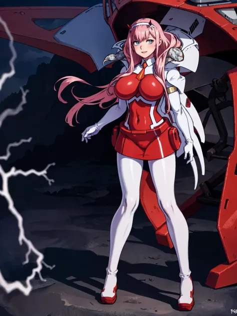 masterpiece, best quality, IncrsLowTier, electricity, glowing eyes zerotwo horns, hairband, necktie, red dress, pantyhose horns, hairband, red bodysuit, armlet, mecha horns, hairband, white bodysuit, white gloves, mecha peaked cap, red dress, white gloves,...