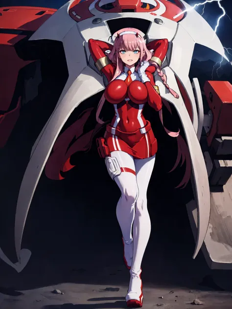 masterpiece, best quality, IncrsLowTier, electricity, glowing eyes zerotwo horns, hairband, necktie, red dress, pantyhose horns, hairband, red bodysuit, armlet, mecha horns, hairband, white bodysuit, white gloves, mecha peaked cap, red dress, white gloves,...