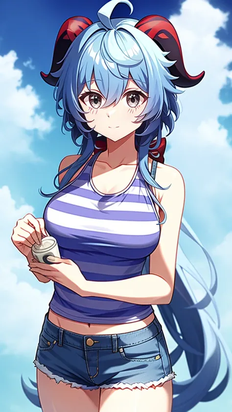 1 girl, solo, Ganyu (Genshin), chest, horns, long hair, blue hair, ahoge, looking at camera, holding, blushing, bangs, absolute territory, purple eyes, medium breasts, goat horns,, very long hair , standing, closed mouth, , side lock, cowboy shot, fluffy, ...