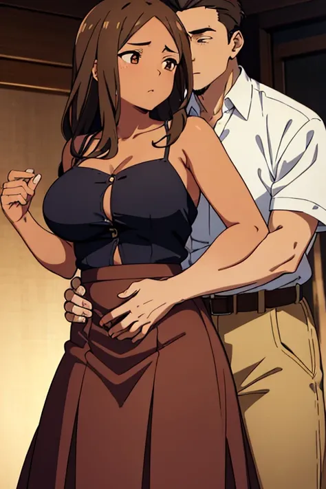 ((best quality)), ((masterpiece)), (detailed), perfect face, brown skin anime girl in a deep V-neck button-up cami top, (long skirt), she is hugging a handsome boy, the boy grabbing her stomach tightly