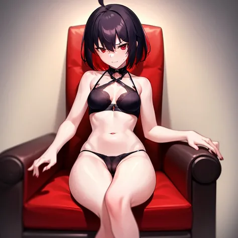 Small ,Black Hair,The inside of the hair is red,short hair,Black Bra,Black Dress,Red frills,Red eyes,Disdainful look,Sitting on the throne,Masturbating,She has her legs spread towards me,M-shaped legs,naked,Sweaty,Putting her finger in her pussy,transforma...