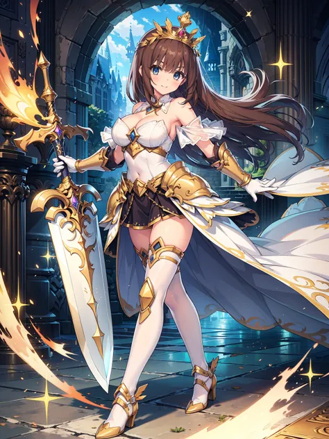 masterpiece, best quality, high resolution, extremely detailed CG, absurdres, 1girl, solo, a girl in armor and a crown holding a large sword, white armor, golden decoration, off-shoulder, thighhighs, long hair, brown hair, sidetail, leg armor, cleavage, ba...