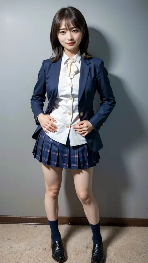 (8k、raw photos、highest quality、masterpiece:1.2)、(realistic、realistic)、1 girl、((uniform、blazer、check mini skirt、navy blue socks、l...