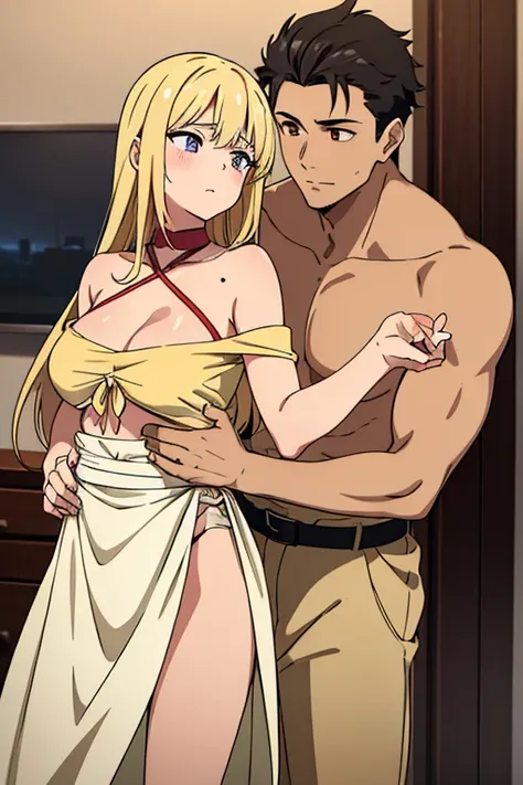 ((best quality)), ((masterpiece)), (detailed), perfect face, tanned skin anime girl in a deep V-neck tied top (bare shoulders), (long skirt), she is hugging a handsome boy, the boy is grabbing her stomach tightly from behind
