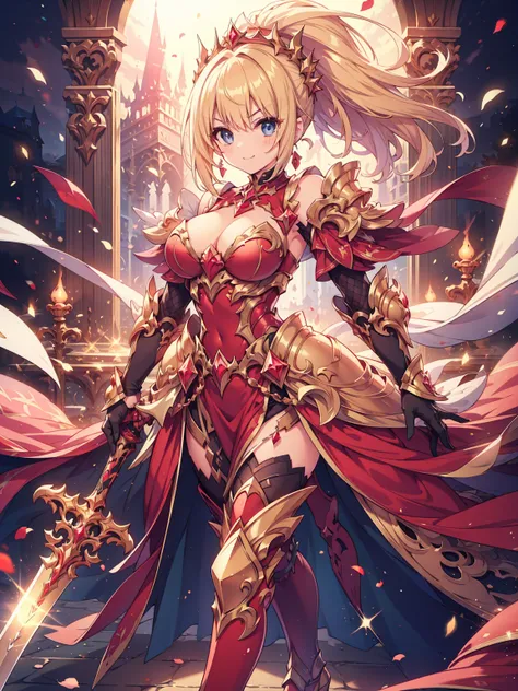 masterpiece, best quality, high resolution, extremely detailed CG, absurdres, 1girl, solo, a girl in armor and a crown holding a large sword, white armor, golden decoration, red_outfit, off-shoulder, thighhighs, long hair, ponytail, blond hair, leg armor, ...