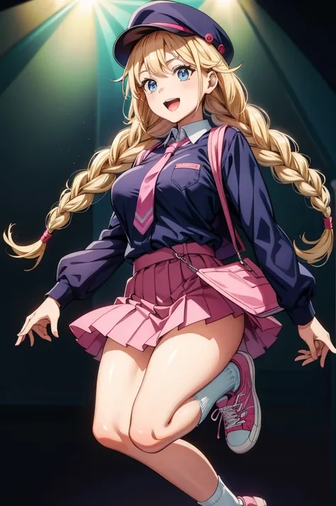 as this is a woman dressed as an officer and ready for action, 1girl, solo, skirt, pink necktie, blonde hair, twin braids, blue eyes, pink footwear, necktie, bag, hat, braid, long hair, shoes, socks, sneakers, smile, pleated skirt, shirt, looking at viewer...