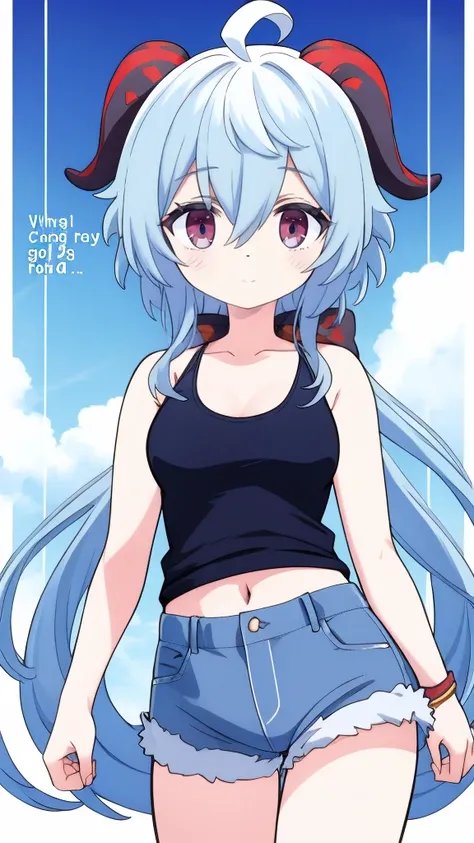 1 girl, solo, Ganyu (Genshin), chest, horns, long hair, blue hair, ahoge, looking at camera, holding, blushing, bangs, absolute territory, purple eyes, medium breasts, goat horns,, very long hair , standing, closed mouth, , side lock, cowboy shot, fluffy, ...