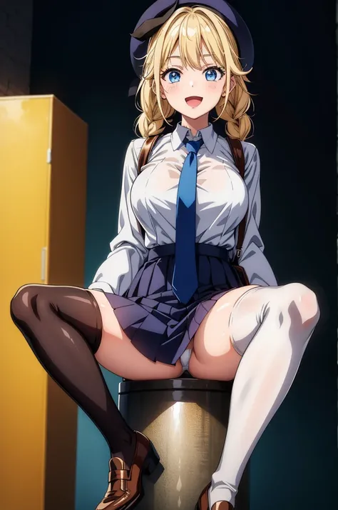 a blonde anime chick is sitting in a dress and has a skirt that covers her butt, 1girl, solo, thighhighs, skirt, necktie, shirt, blonde hair, braid, blue eyes, white shirt, long hair, hat, breasts, smile, bag, open mouth, looking at viewer, pleated skirt, ...